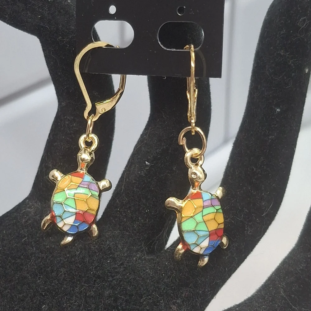 Turtle Dangle Earrings Goldtone and Enamel #2 - Picture 3 of 3